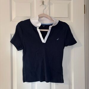33 Nautica Blue and White V-Neck Short Sleeve Tee